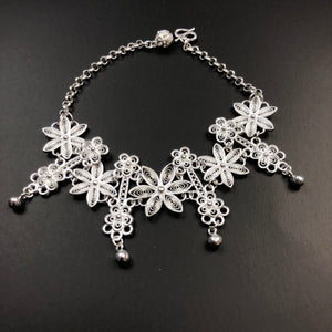 SANLUYI Handcrafted Yi Ethnic Floral Snowflake Sterling Silver Bracelet