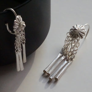 Handmade Ethnic Floral Tassel Silver Earrings