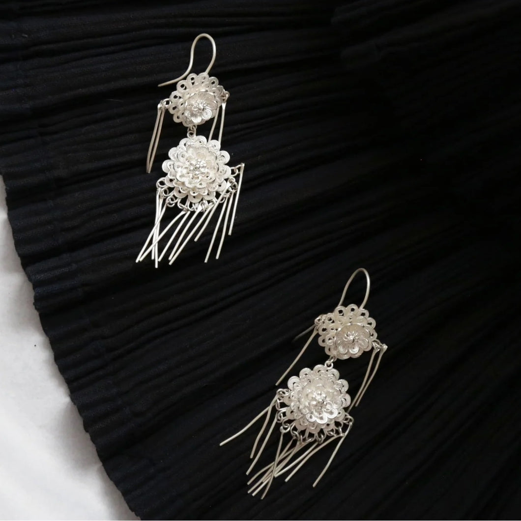 SANLUYI Silver Earrings with knitting flower and hanging strings